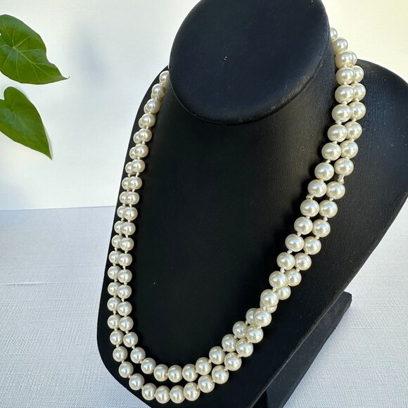 Vintage Faux Pearl Necklace, 38 Inch Hand Knotted Glass Imitation Pearls - Picture 2 of 12